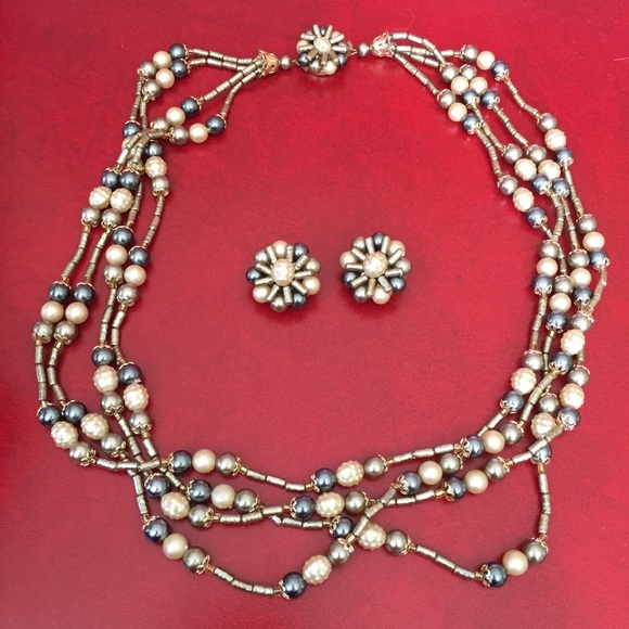 Vintage Jewelry Set Necklace & Earrings Faux Pearl - Multi-Strand Beads - Picture 1 of 7
